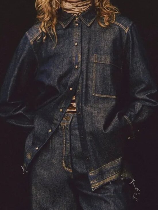 momoni Tops - Momoni Aura Denim Laminé Shirt, Snap Front, Raw Hem - Women 42 US 12/14